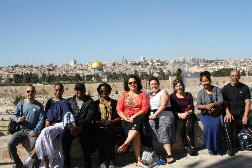 The Detroit Education Delegation on the Mount of Olives in Jerusalem with the Temple Mount and Dome of the Rock behind.