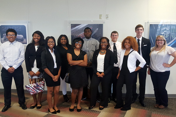 UM-Flint Communication major Skye Whitcomb (far right) and students from Flint Southwestern Classical Academy