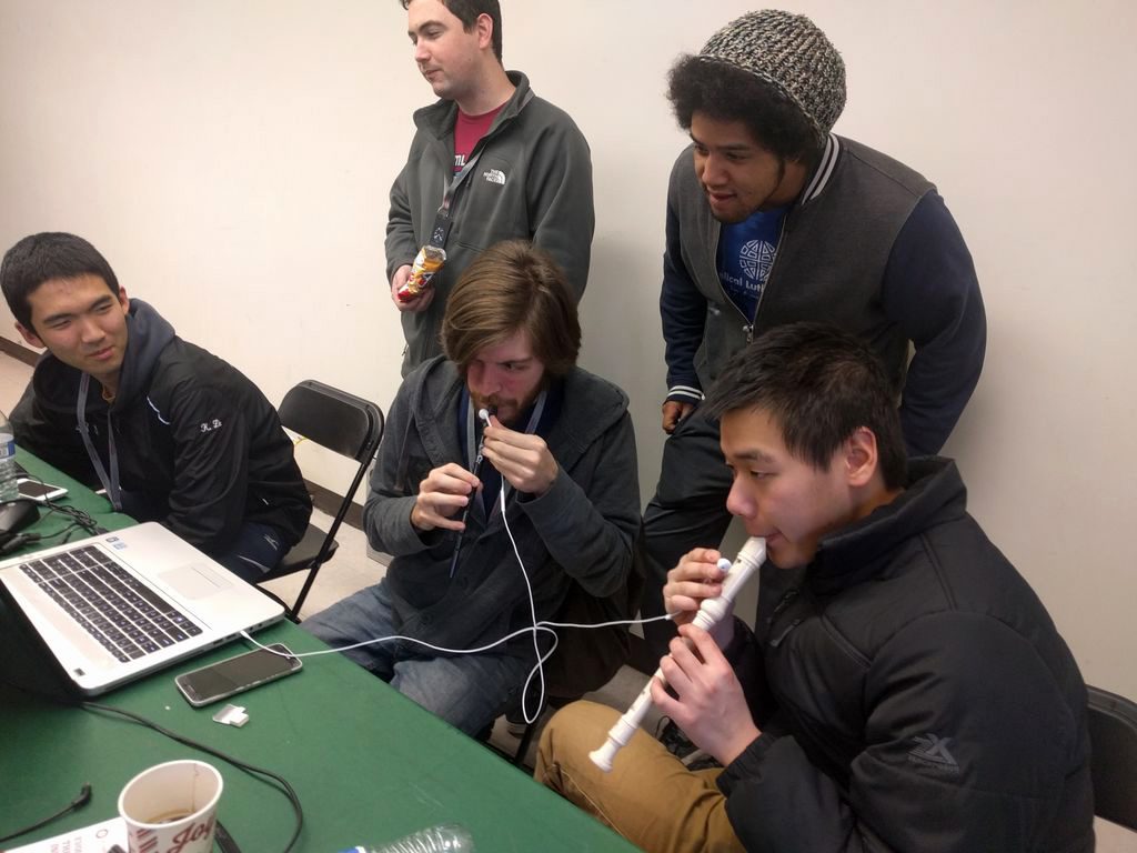 Team SonicPlayers, including UM-Flint Computer Science students Cole Rauh and Alex Latunski, at SpartaHack IV.