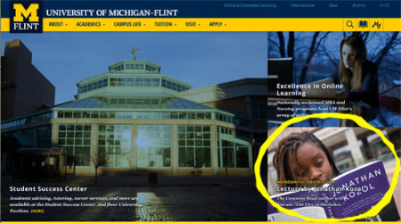 Screen shot of UM-Flint homepage with event highlighted