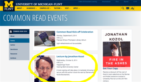 Screen shot of the page linked to from previous homepage example of promoted event.