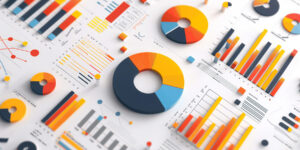A collection of colorful charts and graphs, including pie charts, bar graphs, and line graphs, arranged on a white background.