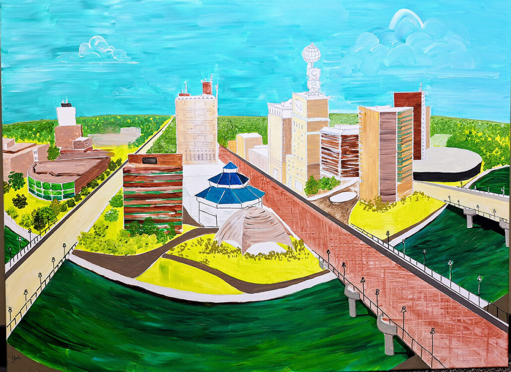 Painting of a cityscape with a river, bridges, various buildings including a blue-roofed structure and a tower with a globe on top, under a bright blue sky.