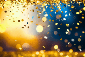 A colorful background with golden and blue hues, featuring falling confetti and soft bokeh lights.