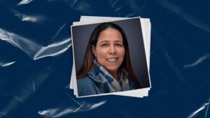 A person smiling, wearing a denim jacket and a patterned scarf, against a dark background with overlapping photo frames.