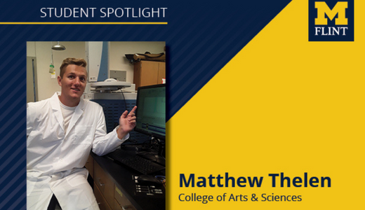 Matthew Thelen in the lab wearing a labcoat with a Student spotlight graphic indicating he studies in the College of Arts & Sciences
