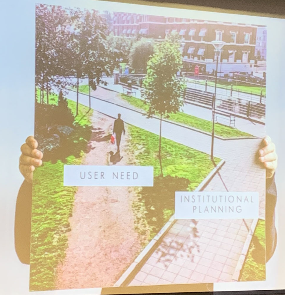 The image shows a picture of a sidewalk that goes at a near 90 degree angle of paved tiles. Over this is the phrase 'institutional planning'. Cutting across, there is a shortcut worn into the grass so that it is dirt now (over this is 'user need')